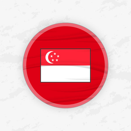Singaporean Flag in a Circular Emblem Design, Abstract Round Sticker Illustration. This high-quality vector graphic is perfect for use in patriotic designs, travel promotions, international events, sport competitions.のイラスト素材