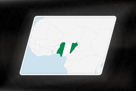 Nigeria Highlighted in Flag Colors on Geographic Map. Modern Map on a dark abstract backdrop.のイラスト素材