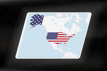 USA Highlighted in Flag Colors on Geographic Map. Modern Map on a dark abstract backdrop.のイラスト素材