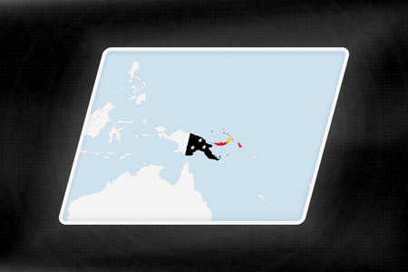 Papua New Guinea Highlighted in Flag Colors on Geographic Map. Modern Map on a dark abstract backdrop.のイラスト素材