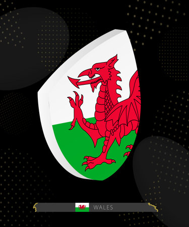 Wales Flag Shield icon in 3D on Dark Modern Abstract Rugby Background. Perfect for sports events, heritage themes, national celebrations, and patriotic designs.のイラスト素材