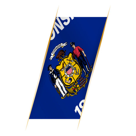 Wisconsin flag in the form of a banner with waving effect and shadow. Modern vector design.のイラスト素材