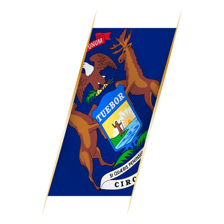 Michigan flag in the form of a banner with waving effect and shadow. Modern vector design.のイラスト素材
