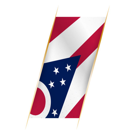 Ohio flag in the form of a banner with waving effect and shadow. Modern vector design.のイラスト素材