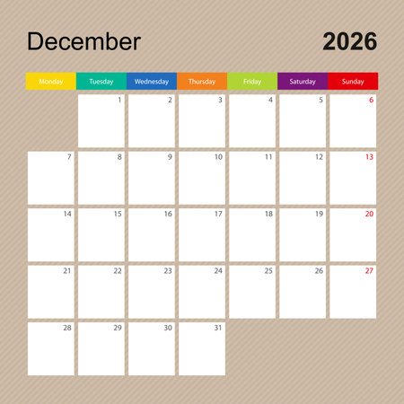 Calendar page for December 2026, wall planner with colorful design. Week starts on Monday. Vector calendar template.のイラスト素材