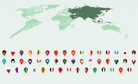 Stylish Vertical Pin Icons Showcasing Asian Country Flags. Vector flag collection.のイラスト素材