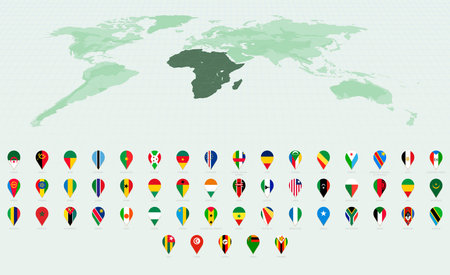 Stylish Vertical Pin Icons Showcasing African Country Flags. Vector flag collection.のイラスト素材