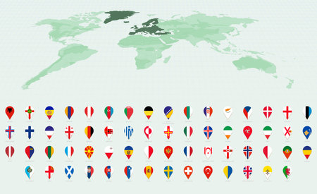 Stylish Vertical Pin Icons Showcasing European Country Flags. Vector flag collection.のイラスト素材
