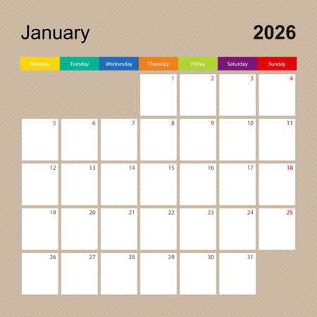 Calendar page for January 2026, wall planner with colorful design. Week starts on Monday. Vector calendar template.のイラスト素材