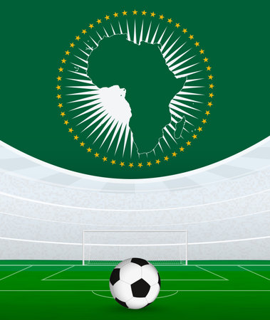 African Union National Football Theme, Stadium and Soccer Ball. Soccer Match Concept in African Union. Ideal for use in sports event promotions, football themed designs, and tournament advertisements.のイラスト素材
