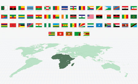 National Flags of the African countries, Postage Flag Set. African Flags with World Map. Vetor illustration.のイラスト素材