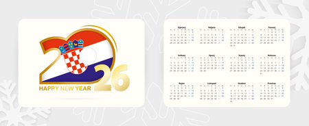 Horizontal Pocket Calendar 2026 in Croatian language. New Year 2026 icon with flag of Croatia. Vector calendar.のイラスト素材