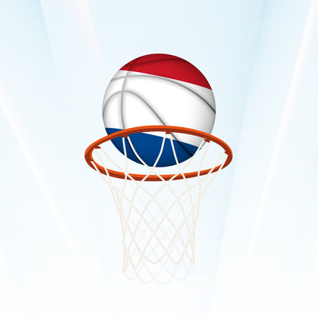 Vector illustration of a basketball styled with the national flag of Netherlands, captured in the moment of scoring through a hoop. Perfect for sports tournaments, international competitions.のイラスト素材