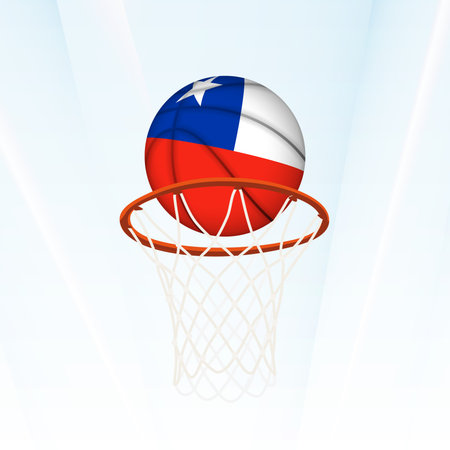 Vector illustration of a basketball styled with the national flag of Chile, captured in the moment of scoring through a hoop. Perfect for sports tournaments, international competitions.のイラスト素材