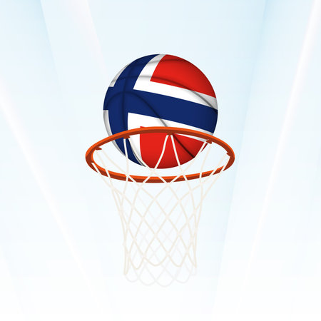 Vector illustration of a basketball styled with the national flag of Norway, captured in the moment of scoring through a hoop. Perfect for sports tournaments, international competitions.のイラスト素材