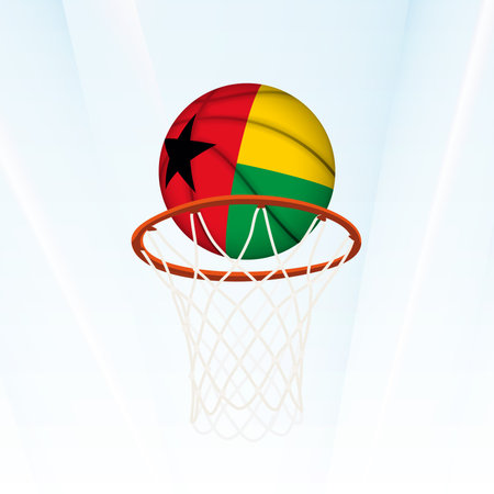 Vector illustration of a basketball styled with the national flag of Guinea-Bissau, captured in the moment of scoring through a hoop. Perfect for sports tournaments, international competitions.のイラスト素材