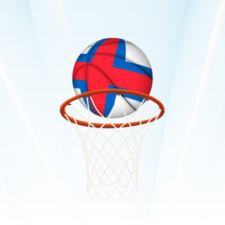 Vector illustration of a basketball styled with the national flag of Faroe Islands, captured in the moment of scoring through a hoop. Perfect for sports tournaments, international competitions.のイラスト素材