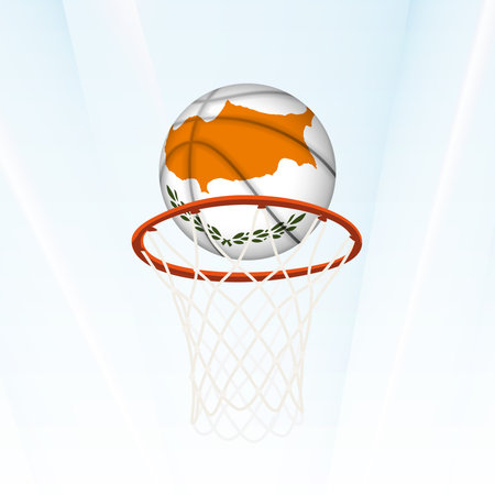 Vector illustration of a basketball styled with the national flag of Cyprus, captured in the moment of scoring through a hoop. Perfect for sports tournaments, international competitions.のイラスト素材