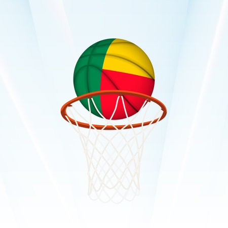 Vector illustration of a basketball styled with the national flag of Benin, captured in the moment of scoring through a hoop. Perfect for sports tournaments, international competitions.のイラスト素材