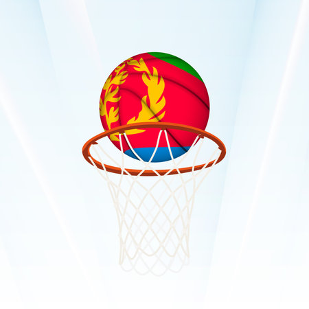 Vector illustration of a basketball styled with the national flag of Eritrea, captured in the moment of scoring through a hoop. Perfect for sports tournaments, international competitions.のイラスト素材