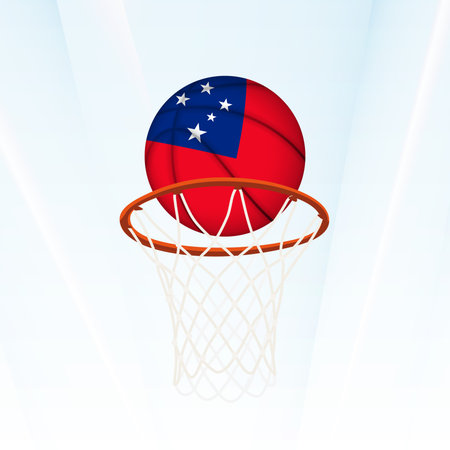 Vector illustration of a basketball styled with the national flag of Samoa, captured in the moment of scoring through a hoop. Perfect for sports tournaments, international competitions.のイラスト素材