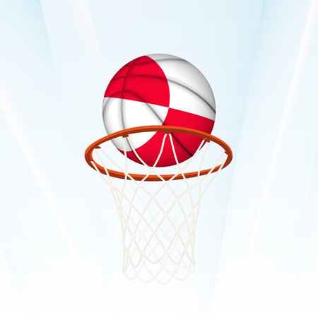 Vector illustration of a basketball styled with the national flag of Greenland, captured in the moment of scoring through a hoop. Perfect for sports tournaments, international competitions.のイラスト素材