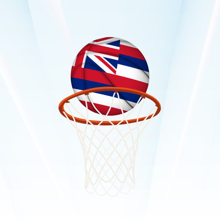 Vector illustration of a basketball styled with the national flag of Hawaii, captured in the moment of scoring through a hoop. Perfect for sports tournaments, international competitions.のイラスト素材