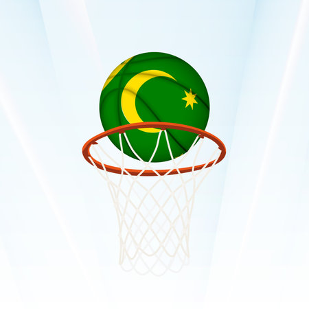 Vector illustration of a basketball styled with the national flag of Cocos Islands, captured in the moment of scoring through a hoop. Perfect for sports tournaments, international competitions.のイラスト素材
