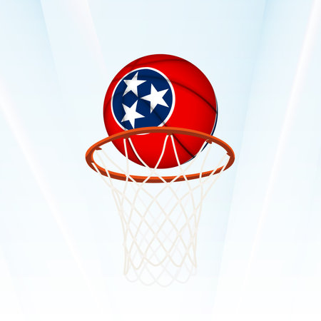 Vector illustration of a basketball styled with the national flag of Tennessee, captured in the moment of scoring through a hoop. Perfect for sports tournaments, international competitions.のイラスト素材