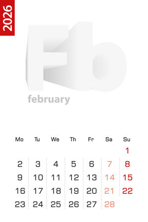 Minimalist calendar template for February 2026, vector calendar in English. Vector calendar for 2026.のイラスト素材