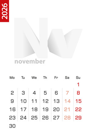 Minimalist calendar template for November 2026, vector calendar in English. Vector calendar for 2026.のイラスト素材