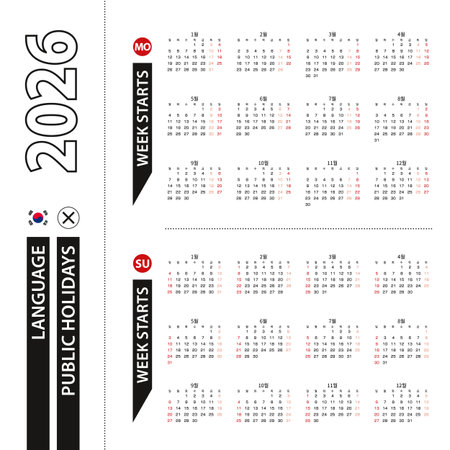 Two versions of 2026 calendar in Korean, week starts from Monday and week starts from Sunday. Vector template.のイラスト素材