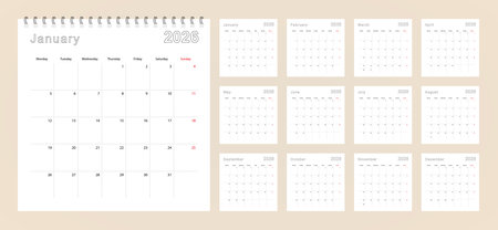 Simple wall calendar 2026 year with dotted lines. The calendar is in English, week start from Monday. Vector template.のイラスト素材