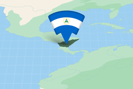 Nicaragua Location Highlighted on American Map with Flag Icon. Detailed Vector Design.のイラスト素材