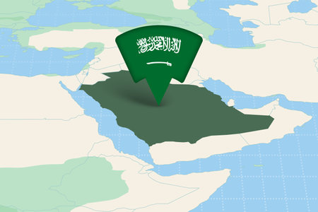 Saudi Arabia Location Highlighted on Asian Map with Flag Icon. Detailed Vector Design.のイラスト素材
