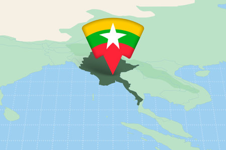 Myanmar Location Highlighted on Asian Map with Flag Icon. Detailed Vector Design.のイラスト素材