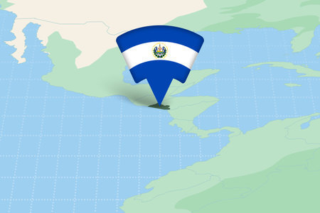 El Salvador Location Highlighted on American Map with Flag Icon. Detailed Vector Design.のイラスト素材