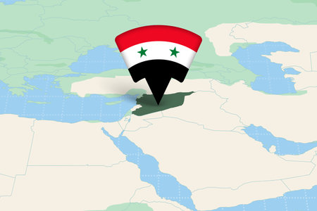 Syria Location Highlighted on Asian Map with Flag Icon. Detailed Vector Design.のイラスト素材
