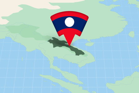 Laos Location Highlighted on Asian Map with Flag Icon. Detailed Vector Design.のイラスト素材