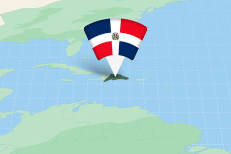 Dominican Republic Location Highlighted on American Map with Flag Icon. Detailed Vector Design.のイラスト素材