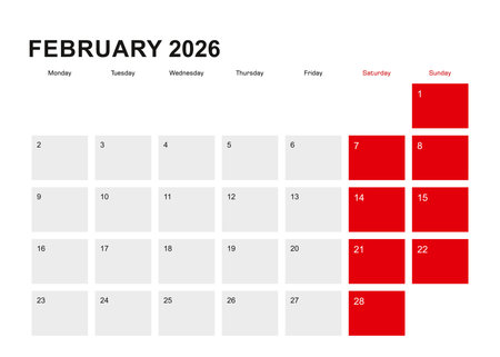 2026 February planner calendar design. Week starts from Monday. Vector illustration.のイラスト素材