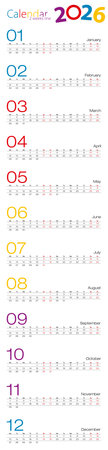 Year 2026 Calendar, 2 weeks line for different design. Vector calendar.のイラスト素材