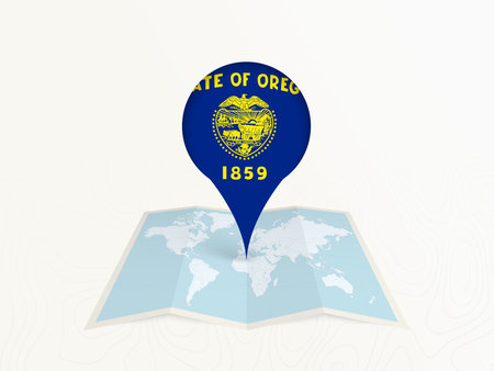 Oregon Map Pin with National Flag on Open World Map. Perfect for use in travel guides, geography content, global positioning concepts, and international business themes.のイラスト素材