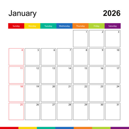 January 2026 colorful wall calendar, week starts on Sunday. 2026 Calendar template.のイラスト素材