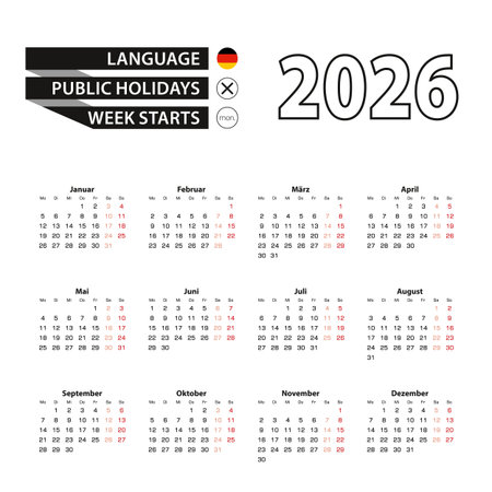 Calendar 2026 in German language, week starts on Monday. Vector calendar 2026 year.のイラスト素材