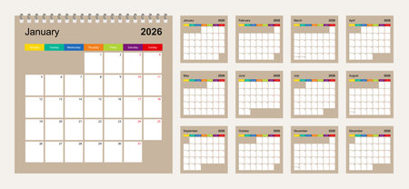 Calendar 2026 colorful design, set of 12 vector wall planner calendar pages on beige background. Week starts on Monday. Vector calendar template.のイラスト素材