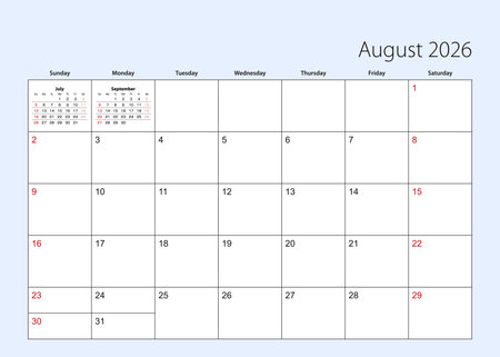 Wall calendar planner for August 2026. English language, week starts from Sunday. Vector template.のイラスト素材
