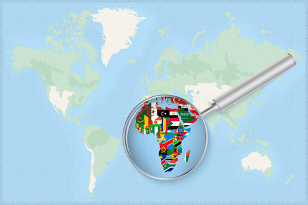 Magnifying Glass Over Africa Map with Flags. World map highlighting Africa, decorated with vibrant national flags, symbolizing cultural diversity and global exploration.のイラスト素材