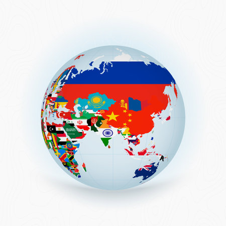 Vibrant Globe Highlighting Asia National Flags. A colorful globe centered on Asia, featuring a vivid array of national flags from Saudi Arabia, China, India, and more, blending geography with cultural diversity.のイラスト素材