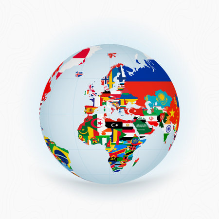 Vibrant Globe Showcasing European, African, and Asian National Flags. A vibrant globe showcasing a rich tapestry of national flags from Europe, Africa, and Asia, blending world geography with cultural diversity in a stunning design.のイラスト素材